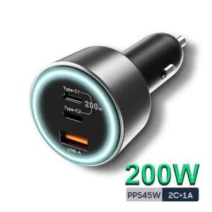 200W USB C Car Charger PD 100W Type-C Car Charger QC5 PPS 45W Super Fast Charging for MacBook Pro iPhone 15 Samsung S22 Laptops