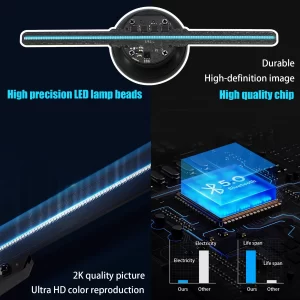 5.5in/14cm 3D hologram fan, 128 0603 LED beads holographic projector, HD flicker free screen TF&APP control Christmas Halloween