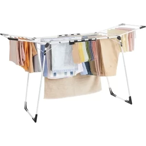 Clothes Drying Rack Foldable, Gullwing Laundry Drying Rack, Space-Saving, 22.2 x 68.1 x 38 Inches, Sock Clips, Metal Structure