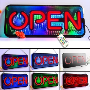 LED Open Sign 48x20cm Ultra Bright Infinity Tunnel Mirror Open Light, Remote-control 3D Mirrored Tunnel RGB Light Open Neon