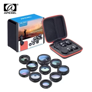 APEXEL Phone lens kit universal 10 in 1 Fisheye Wide Angle macro Lens CPL Filter Kaleidoscope+2X telescope Lens for smartphone