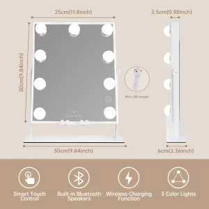 Lighted Vanity Mirror with Bluetooth and Wireless Charging Makeup Lights 9 Dimmable Bulbs 3 Color Lighting Tabletop (Whi