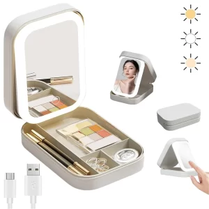 Portabl LED Three-Color Adjustable Makeup Mirror Cosmetic Bag Smart Lighted Mirror Travel Makeup Organizer Gift for Girl Women