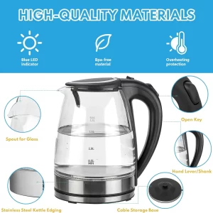 1500W Speed Boil Water Electric Kettle 220V Coffee & Tea Kettle Borosilicate Hot Water Kettle Auto Shut-Off 1.2L 2L