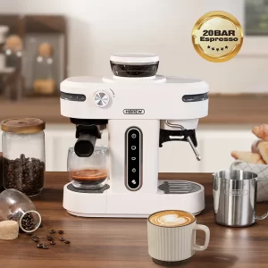 HiBREW 20 Bar Semi Automatic Espresso Coffee Maker With Grinder Bean For Cappuccino and Latte Milk Frothing System Machine H14