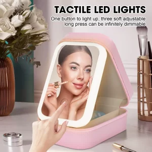 Travel Makeup Mirror with Light Smart Touch 3 Colors Dimmable Rechargeable Lighted Makeup Mirror With Travel Makeup Bag Gift