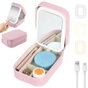 Travel Makeup Mirror with Light Smart Touch 3 Colors Dimmable Rechargeable Lighted Makeup Mirror With Travel Makeup Bag Gift
