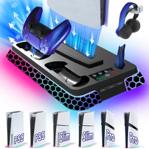 Cooling Station for PS5/ PS5 Slim/ PS5 Pro, Aounion YH66S PS5/ Slim/ Pro Stand with RGB, Organizer & Controller Charging Dock