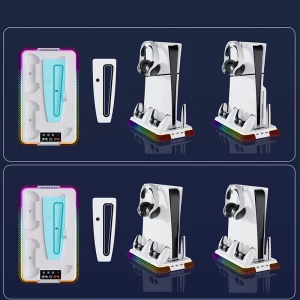 Multi-Functional Vertical RGB Cooling Stand for PS5/PS5 Slim/PS5 Pro – with Controller Charging Dock, Headset Hook & USB Port