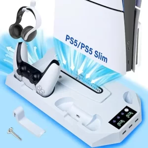 Game Stand for Sony PS5 Console PS 5 Slim Pro Support Base Holder 3-Level Cooler Fan Controller Charger for PS5 Wireless Gamepad