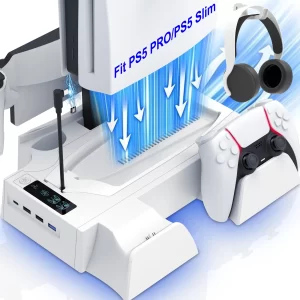 PS5/Slim/Pro Stand and Cooling Station with LED Controller Charging Station for PS5 Console, Controller Charger, Cooling Stand,
