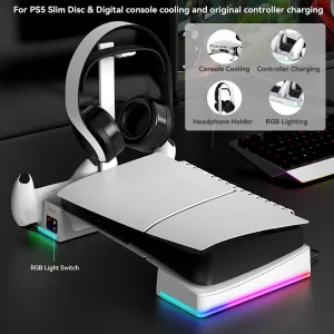 For PS5 Slim Digital & Disc Console Horizontal Charging Stand With Cooling Fan Charger for Controllers With Headphone Holder