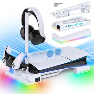 For PS5 Slim Digital & Disc Console Horizontal Charging Stand With Cooling Fan Charger for Controllers With Headphone Holder
